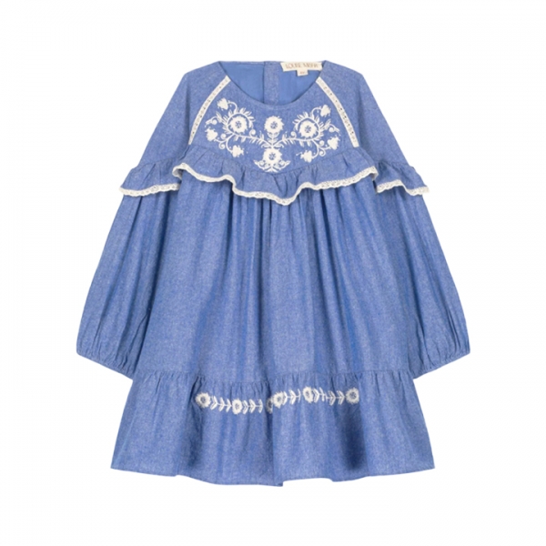 ◆키즈◆키즈 오라나 셔링 원피스 블루 샴브레이 25F_S0027 CHAMB