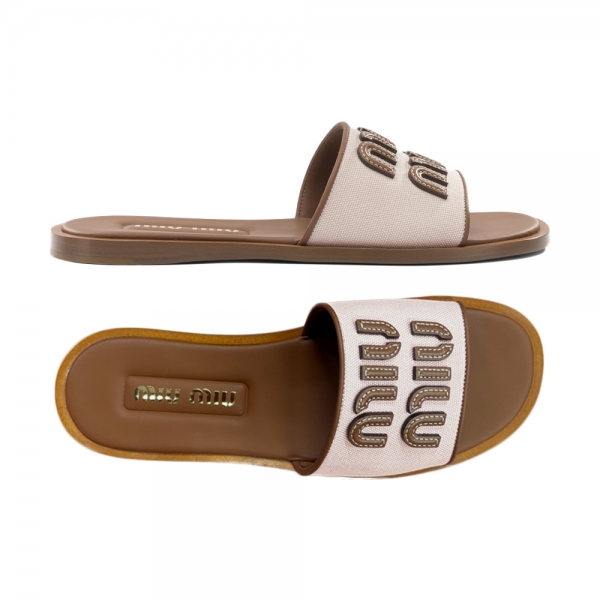 26SS 로고 자수 캔버스 레더 슬라이드 피치/브랜디 5XX644 010 F05CW